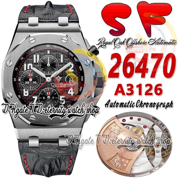 SF jjf26470 A3126 Cronógrafo Automático Reloj para hombre Vampiro Caja de acero de 42 mm Esfera negra con textura Marcadores de números Correa de cuero Línea roja Super Edition Relojes de eternidad