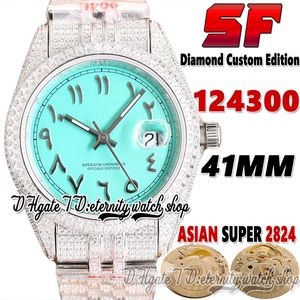 SF dernière ew124300 A2824 montre automatique pour homme tw126334 jh114300 boîtier en diamant arabe cadran bleu turquoise 904L acier glacé diamants Bracelet éternité montres