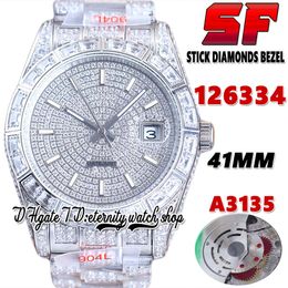 SF Latest ew126334 A3135 Reloj automático para hombre jh126333 bl86409 Diamond Stick Markers Dial 904L Steel Iced Out Diamonds Bracelet Super Edition relojes de eternidad