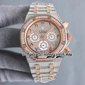 SF sf26333 Japon Miyota Quartz Chronographe Mouvement Montre Pour Homme Lunette En Or Rose Cadran En Diamant Glacé Marqueurs Arabes Bracelet En Diamants Bicolores Montres D'éternité