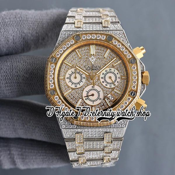 SF SF26473 Japon Miyota Quartz Chronograph Movement Mens Watch Yellow Gold Cozel Iced Diamond Diamond Diamn Stick Markers Two Tone Diamonds Bracelet Eternity Watches