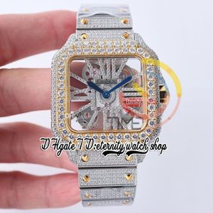 SF TWF0029 Zwitsers Ronda 4S20 Quartz Mens Watch Volledig Iced Out Big Diamonds Yellow Gold Bezel Romeinse Markers Skelet Diamant Dial St225F