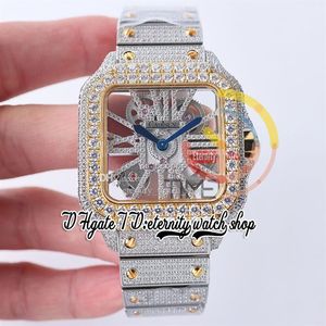 SF TWF0029 Swiss Ronda 4S20 Quartz Mens Watch Totalmente helado Diamantes Big Gold Bisel Bisel Roman Markers Skeleton Diamond ST316D