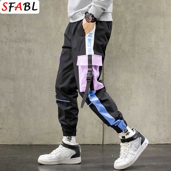 SFABL grandes poches Cargo sarouel hommes rubans noir Hip Hop hommes pantalons décontracté Joggers pantalon mode homme Streetwear 210702