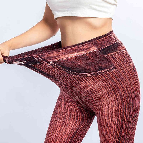 Sfit Mujeres Moda Gimnasio Leggings Imitación Legging Jeans Slim Fitness Elástico Leggings sin costuras Cintura alta Pantalones de yoga Tallas grandes H1221