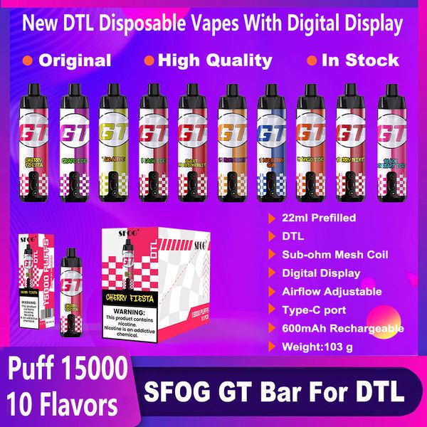 SFOG 15000 Puff Shisha Puff 15000 15k Vapes jetables GT Bar DTL VACPER 22ML POD 600MAH LED Affichage numérique Vape Al Hookah Fakher VS Puff 20000 20K 18K 12000 12K