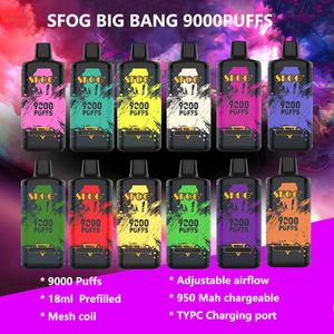 SFOG Big Bang Cigarettes E jetables Pod Device 9000 Vape 950mAh Batterie rechargeable 18ml boîte mod 1mesh bobine type-c stylo authentique 12 couleurs grand kit de vapeur VS RandM