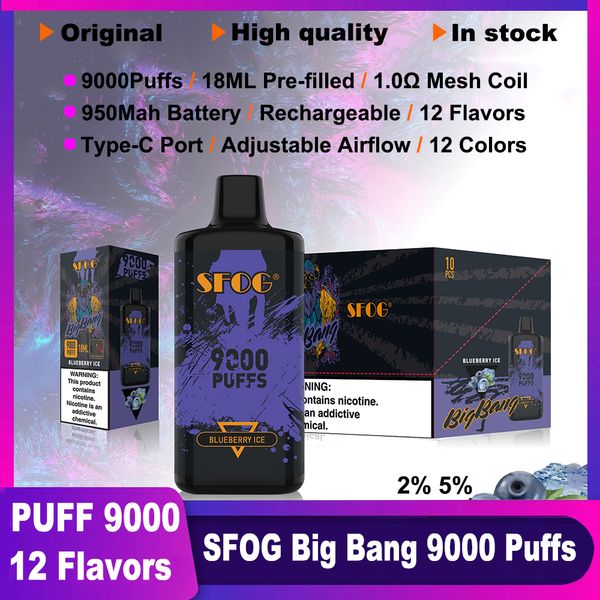 SFOG Original Puff 9000 Vapes jetables Big Bang 9000 Puff 9k Vape Dispositif 18 ml E-liquide 1,0Ω Mesh Bobine 2% 5% 12 FLAVORS VACER 950mAH
