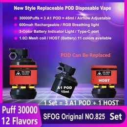 SFOG ORIGINAL PUBE 30000 Capa reemplazable Vapor desechable No825 30000 Puff Vaper e Kit de cigarrillo 10000 Puff 10k Pod Vapes 3 A1 PODS 45ml E-Liquid Mesh Ecig Vapor Pen