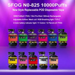 SFOG RGB 10000 inhalaciones Cigarrillo desechable Kit de 10000 inhalaciones Bobina de malla Pod Vapes Puff Pods Cartucho precargado de 12 ml Cigarrillos electrónicos recargables Vape R Y M