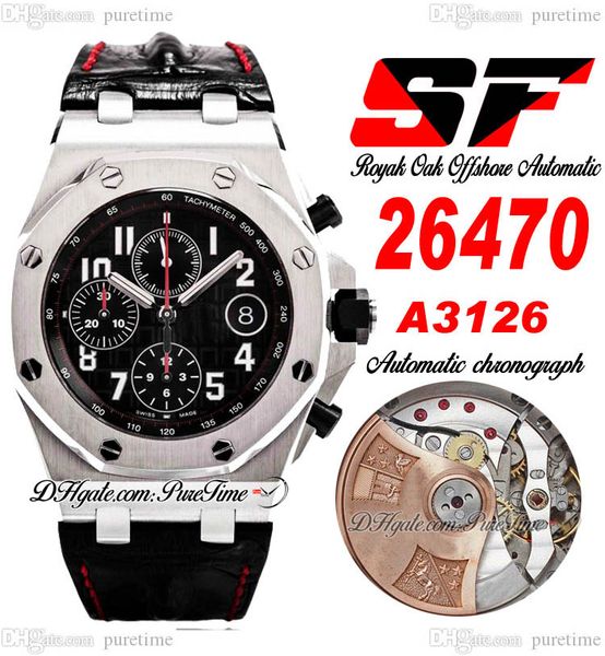 SF Vampire 2647 A3126 Cronógrafo automático Reloj para hombre Caja de acero de 42 mm Dial negro con textura Marcadores de números Correa de cuero Relojes de línea roja Super Edition Puretime G7