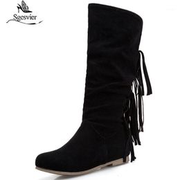 Sgesvier Red Black Brown Fringe Slip on Automne Hiver Mid Calf Boots Riding Boots Low Shunky Heel chaussures Femme Foot Wear Botas G6701