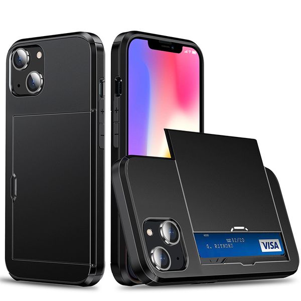 SGP Slide Card Slot Wallet Cases Hybrid TPU PC Cubierta de doble capa a prueba de golpes para iPhone 14 13 12 11 Pro XR XS Max 8 SE Samsung S10 Plus S20 FE S21 S22 Ultra Note 10 20