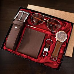 Shaarms Men Gift Watch Business Luxury Company Mens Set 6 in 1 Watch Glasses Pen Keychain Belt Purse Welcome Birthday 240515