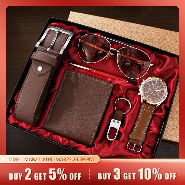 Shaarms Men Gift Watch Business Luxury Company Mens Set 6 in 1 Glasses Pen Keychain Belt Purse Welcome Wellow Holiday Birthday 240327