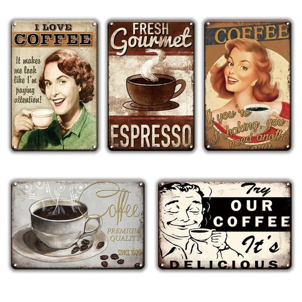 Shabby Chic Coffee Time Pintura de hierro Vintage Coffee Metal Poster Fresh Gourmet Cartel de chapa Restaurante Café Cocina Hogar Decoración divertida Pegatinas de pared 30X20CM w01