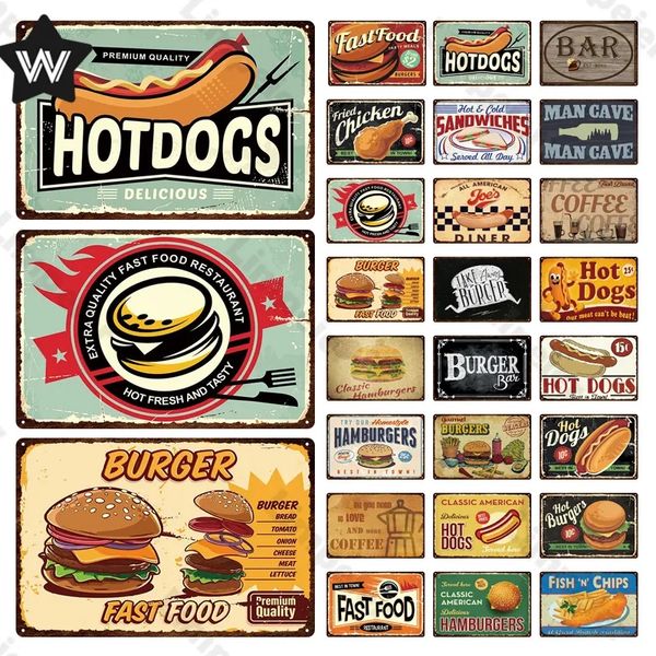 Shabby Chic Vintage Fast Food signe en étain mode Hambourg affiche en métal homme grotte plaque de hot dog autocollant mural cuisine publicité décor Plaque drôle peinture 30X20 CM w01