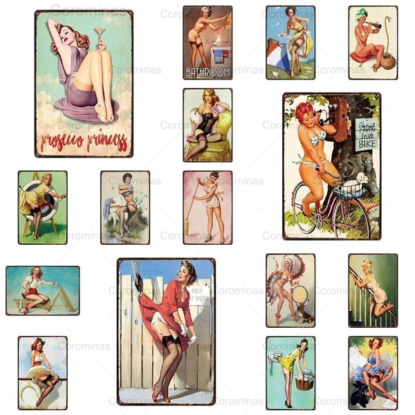 Shabby Pin Up Girl art peinture Vintage métal signe homme grotte drôle Sexy femme bière vélo étain affiche rétro Plaque plaque fer peinture maison décoration murale taille 30X20 w02