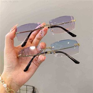 Nuances Pour Femmes En Gros Marque De Luxe Designer Lunettes De Soleil Sans Monture Lunettes 2021 Vintage Rectangle Lunettes UV400 Y220523 L230707