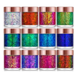 Schaduw 12 kleuren holografische paillettengel Langdurige dikke glitteroogschaduw voor ooghaar, nagel en lichaamsmake-up