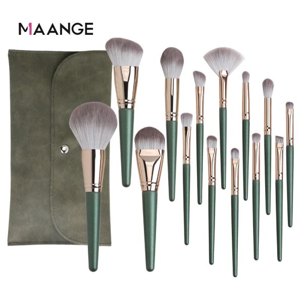 Shadow Maange 14pcs Makeup Brushes Set Green Large Powder Powder High Gloss Eyeshadow Foundation Contour Synthetic Hair Cosmetic Tools