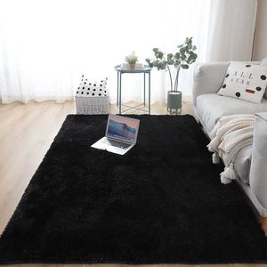 Tapis Shaggy pour salon Chambre à coucher Moderne Noir Noir Couleur Solide Peluche Plancher Tapis moelleux Enfants Faux Fourrure Zone Tapis Tapis antidérapant 210626