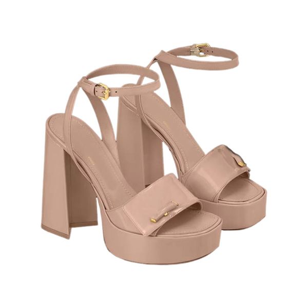 Shake Platform Sandal Women Designer Sandals 12cm talons grossiers Sandale Luxury Chaussures Privet Patent Cuir en cuir Brock Partydress Chaussures Top Quality Nude Rose