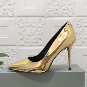 Ondiepe mond puntige dunne hakken modieuze patentleer goud dames enkele schoenen hoge hakken high-end temperament luxe designer feestschoenen 10,5 cm 35-43+doos