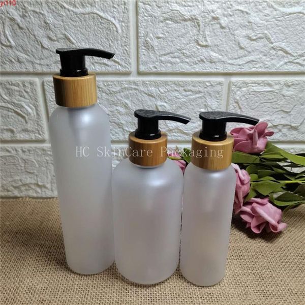 bouteilles de shampoing entières 100pcs / lot 250ml bouteille en plastique givré transparent avec couvercle en bambou contenants cosmétiques vides bulkgoods2720