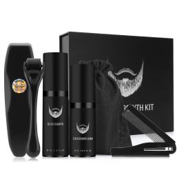 Shampooconditionor de la barbe de croissance kit de croissance pour les hommes Huile plus épaisse de la croissance des poils du visage avec peigne de massage micro-rouleau nourrissant la barbe de barbe