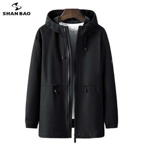 Shan Bao Herfst en Winter Merk Klassieke Stijl Rits Pocket Lange Windjack Jonge Heren Casual Hooded Jacket Black Kaki 211011