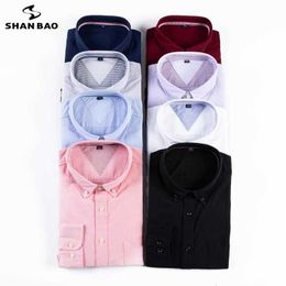 Shan bao herfst oxford katoen effen kleur lange mouwen shirt plus size heren losse zaken casual klassiek merk shirt 210531