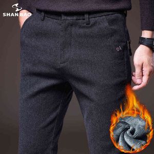 Shan bao herfst winter fleece dikke warme rits pocket jongen student slanke broek klassieke elastische taille jonge mannen fit broek g0104