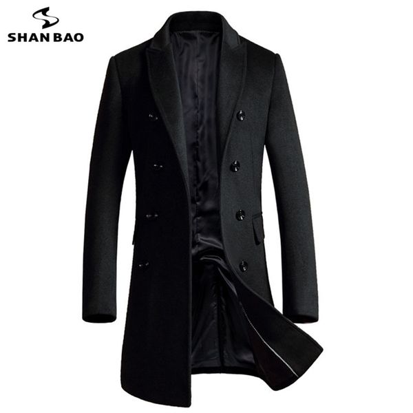 Ropa de marca SHAN BAO, abrigo largo de lana ajustado para hombre, abrigo informal de negocios con doble botonadura para otoño e invierno, negro, gris, rojo, 211122
