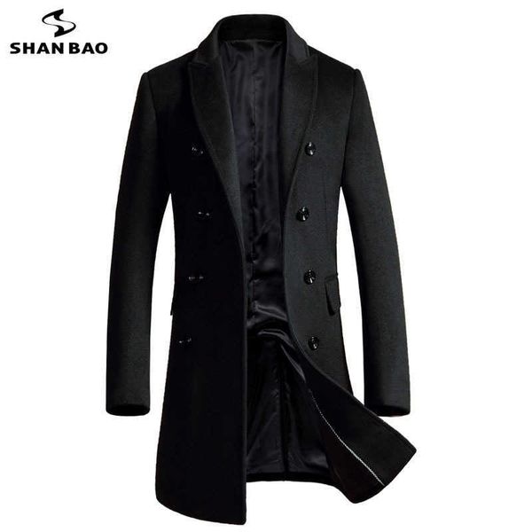 Shan Bao Marca Ropa Abrigo de lana largo delgado para hombres Otoño e invierno Abrigo casual de negocios de doble botonadura Negro Gris Rojo 211011