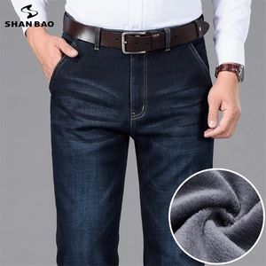 Shan Bao winter merk fleece dikke warme rechte losse jeans klassieke stijl hoge kwaliteit mannen casual hoge taille denim 220328