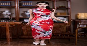 Shanghai verhaal nieuwe aankomst faux zijden lange cheongsam jurk pauw print avondjurken traditionele Chinese jurk sexy qipao jurk7576387