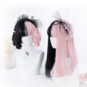 Shangke roze zwarte blonde witte synthetische lolita lange pruik met pony genshin impact cosplay water golf pruiken voor vrouwen y0903