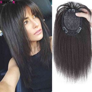 SHANGKE Short Straight Synthetic Hair Topper With Bangs Invisible 3D Hair Topper For Women Water Wave Clip In Hair Extensions 220208