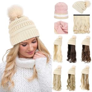 SHANGZI Hoed Pruik Synthetische Lange Golvende Pruiken wit Plus fluwelen Baret Hoed Gebreide Mode zwarte Herfst Winter Cap Haar Pruik Extensions240115