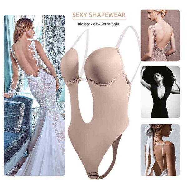 Shapewear Body Col en V profondﾠsoutien-gorgeﾠdos nuﾠRobes de mariéeﾠfemmesﾠsous-vêtements CulottesﾠSangle transparente Rembourré Shaperﾠminceurﾠ Corset 211112