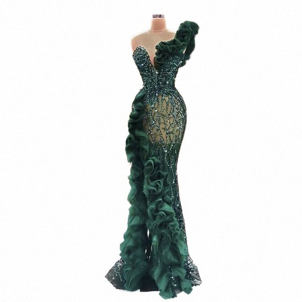 Shar Said Emerald Green Un hombro Sirena Noche Dr para mujeres Fiesta de bodas Elegante con cuentas LG Prom Vestidos formales SS484 Q6FN #