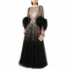 Shar Said Luxe Dubai Plumes Noir Soirée Dres pour Femmes Élégant Fuchsia Arabe Demi Manches Robes De Soirée De Mariage SS339 x3yg #