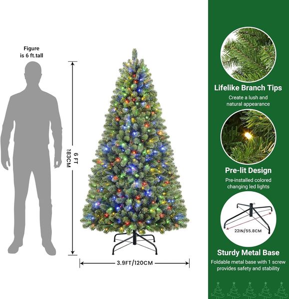 SHareconn Sapin de Noël artificiel à charnière de 6 pieds de qualité supérieure avec télécommande et 330 lumières LED de couleur blanche, 952 pointes de branches, parfait pour les décorations de Noël