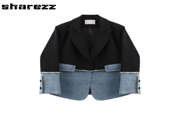 Sharezz printemps 2020 New Fashion Women Denim Patch Jacket Coat Slim Fit Slim Fit Long Sleeve Asymétrical Blazer Tops Office Tide8276779