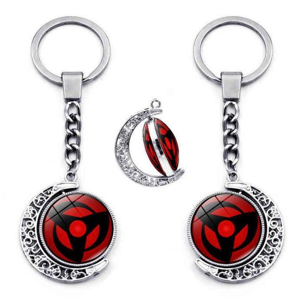 Sharingan Eye Keychain Accessories 360 degrés Pendre de lune rotative Uchiha Sasuke Kakashi Keychains Charms Metal Key Ring G19896774