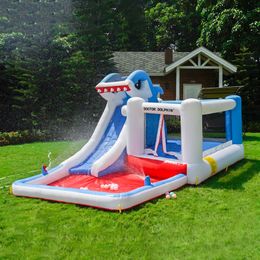 Maison gonflable de rebond de toboggan de requin avec parc aquatique de piscine pour enfants sautant avec fosse à balles château sec et humide jeu en plein air amusant dans le jardin, jouets de fête d'anniversaire