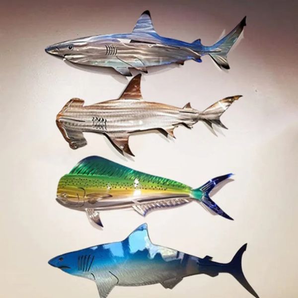 Decoración de arte de pared de metal de tiburón Decoración de metal de tiburón Ornamento colgante al aire libre Decoración náutica Decoración de pescado para el océano para patio o piscina 240407