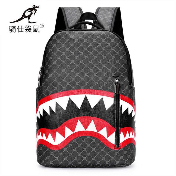 Mochila con boca de tiburón, mochila a cuadros a la moda para hombre, nueva bolsa informal para ordenador de viaje de alta capacidad