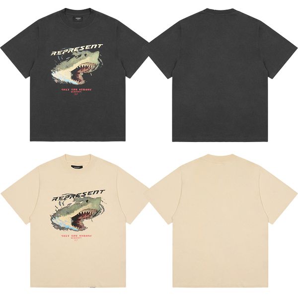 Estampado de tiburones Representadesigner hombres camiseta R E P RESENTS marca de diseño algodón de lujo sueltas camisetas gráficas vintage polos de manga corta Diseñador Verano